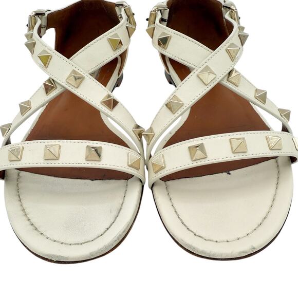 Valentino Rockstud Criss Cross Strap Flat Leather Sandals Cream EU 37.5 US 7.5 - Picture 3 of 15